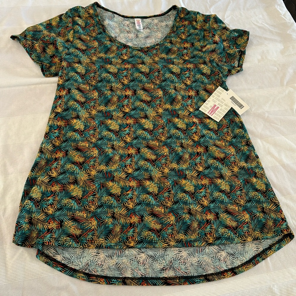 🍁 Lularoe “Classic “ M Top Teal, Mustard & orange palm leaf pattern